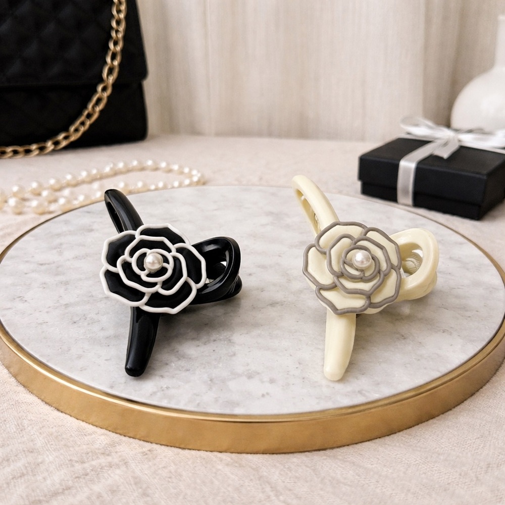 2 Boutique Rose Hair Claw Clips Set Black & Ivory Pearl Flower Elegant